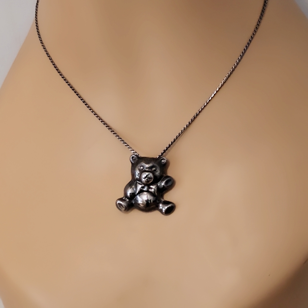 Vintage 1980s Sterling Silver Teddy Bear Necklace Pendant/Brooch